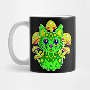 Trippy green cat and mushroom Mug